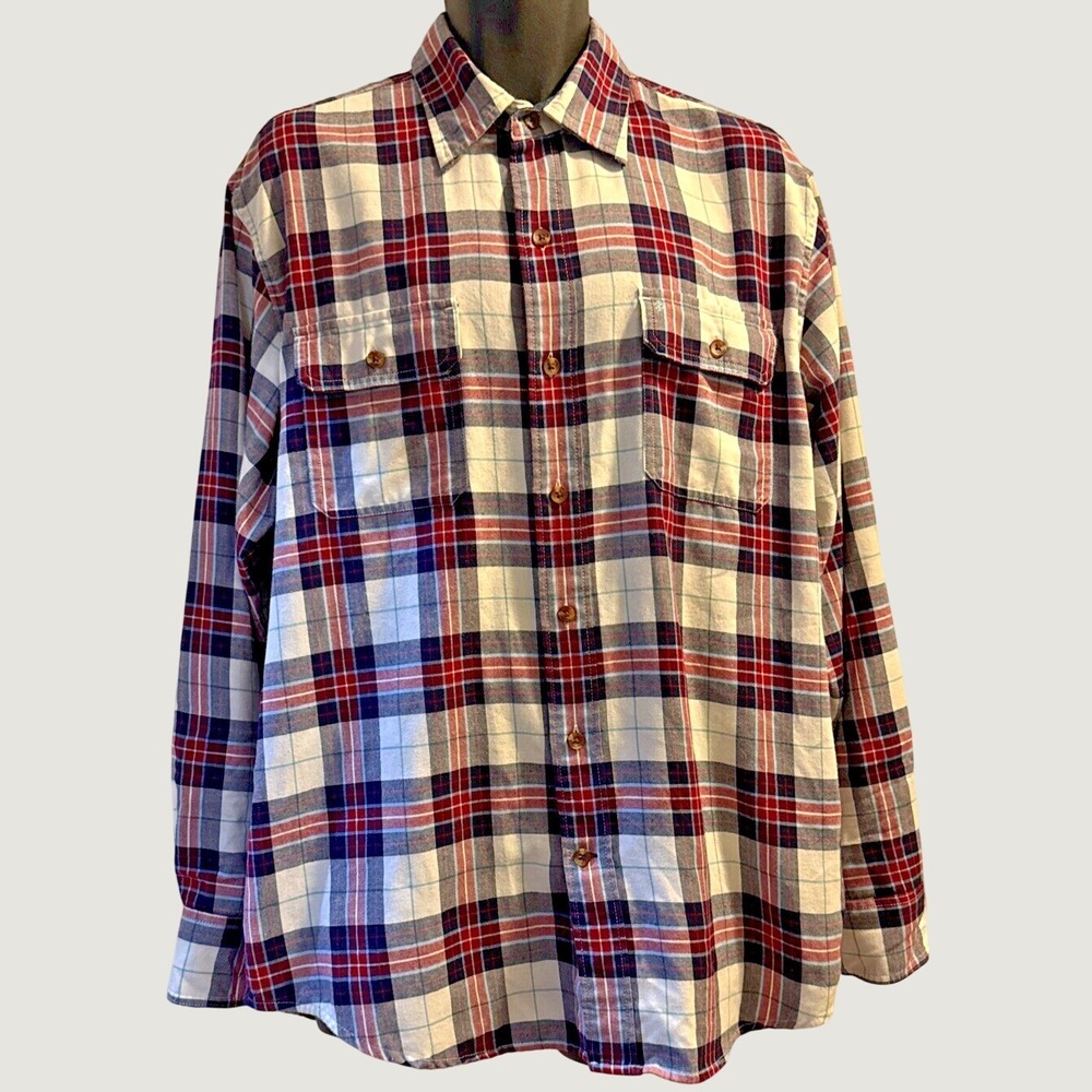 IZOD Men's Large Red White Blue Plaid Button Up Shirt Long Sleeve Cotton